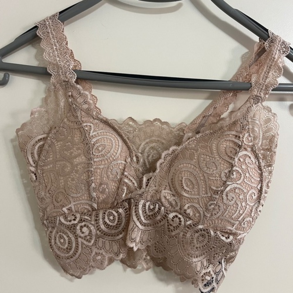 Sheer Lace Longline Bralette Crop Top‎ XS Beige Padded Coquette Ballet Romantic